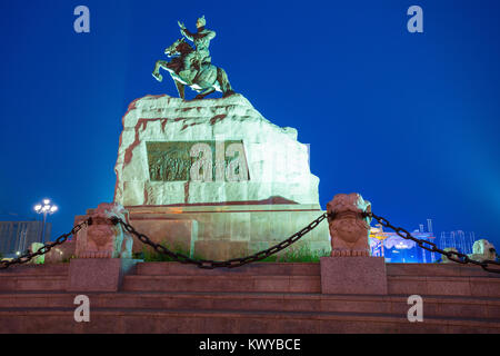 Damdin Sukhbaatar Monument is located on Sukhbaatar Square (new name Chinggis Square) in the center of Ulaanbaatar the capital of Mongolia Stock Photo