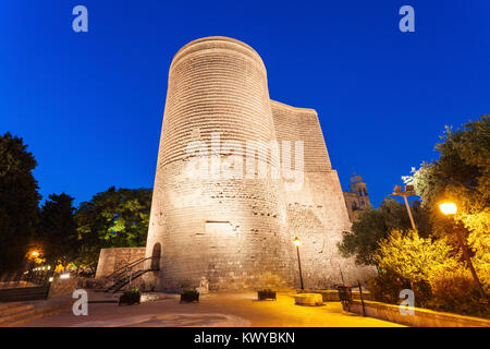 The Maiden Tower at night. It is also known as Giz Galasi and located in the Old City in Baku, Azerbaijan. Stock Photo