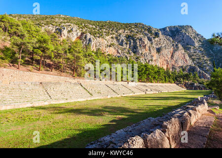 The Stadium of Delphi lies on the highest spot of the Archaeological Site of Delphi. Delphi was an important ancient Greek religious sanctuary sacred  Stock Photo
