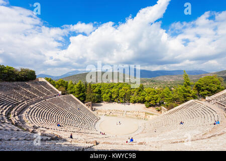 The Epidaurus Ancient Theatre is a theatre in the Greek old city of Epidaurus dedicated to the ancient Greek God of medicine, Asclepius. Stock Photo