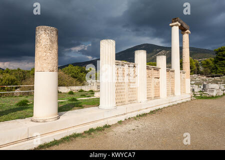 Abaton of Epidaurus at the sanctuary in Greece. Epidaurus is a ancient city dedicated to the ancient Greek God of medicine Asclepius. Stock Photo