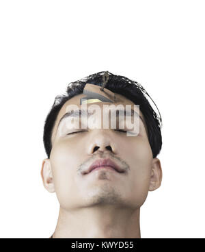 white isolated of asian man face and door with key opening on forehead creative thinking concept Stock Photo