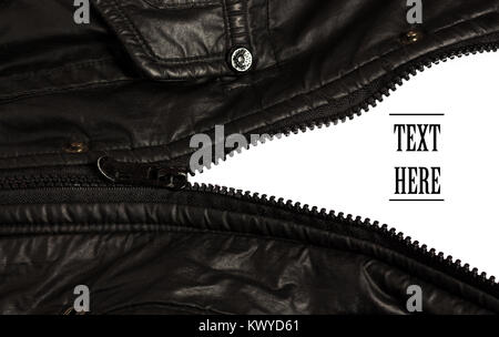 black jacket zipper open on white isolated background for promote or some marketing sale on it Stock Photo