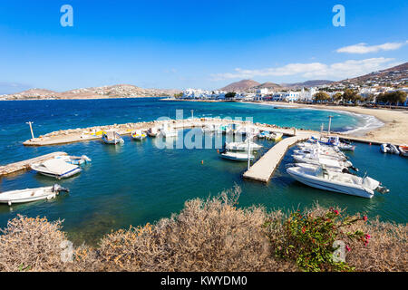 Boats in the port of Parikia town, on the island of Paros in Greece Stock Photo