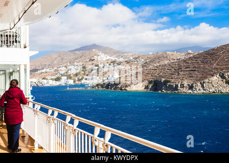 Ios island aerial view from the cruise ship liner, Cyclades in Greece Stock Photo