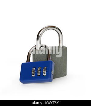 Two attached padlocks isolated on white background with clipping path Stock Photo