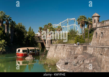 Isla Magica (Magic Island) Theme Park - boat ride through the park next to the fortress, Seville, Region of Andalusia, Spain, Europe Stock Photo