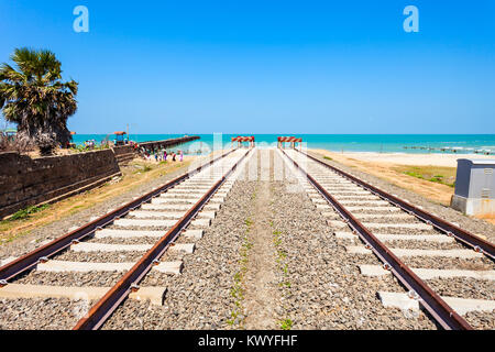 The end of Talaimannar railway track, Sri Lanka. Talaimannar is located on the Mannar Island and about 18 miles from Dhanushkodi indian town. Stock Photo