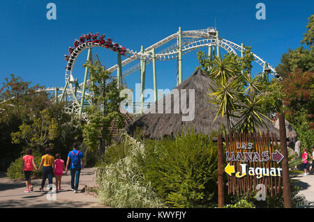 Isla Magica (Magic Island) Theme Park, The Jaguar - roller coaster (and people upside), Seville, Region of Andalusia, Spain, Europe Stock Photo