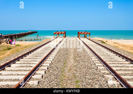 The end of Talaimannar railway track, Sri Lanka. Talaimannar is located on the Mannar Island and about 18 miles from Dhanushkodi indian town. Stock Photo