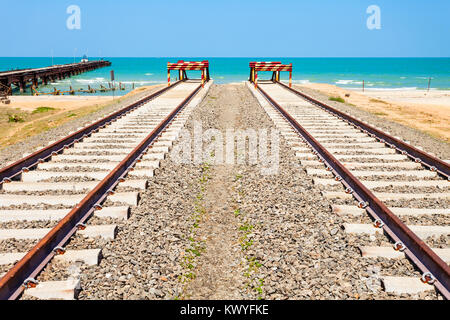 The end of Talaimannar railway track, Sri Lanka. Talaimannar is located on the Mannar Island and about 18 miles from Dhanushkodi indian town. Stock Photo