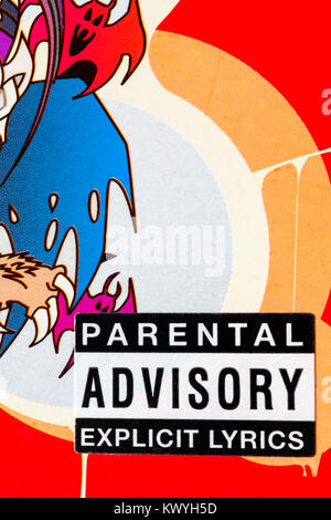 parental advisory explicit lyrics warning sticker on cover of Bonkers 13 CD set Stock Photo