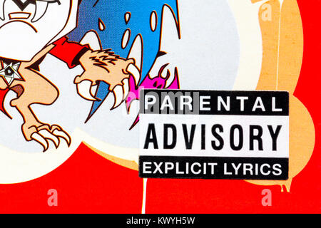 parental advisory explicit lyrics warning sticker on cover of Bonkers 13 CD set Stock Photo