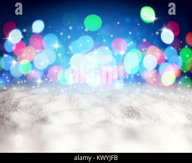 Christmas abstract blue background with snow and lights Stock Photo