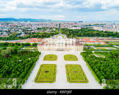 Schonbrunn Palace aerial panoramic view. Schloss Schoenbrunn is an imperial summer residence in Vienna, Austria. Schonbrunn Palace is a major tourist  Stock Photo