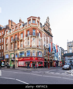 Crispins 24 hour store. On the floor above is the Doughnut Academy. Shaftesbury Avenue, Soho, London, England, UK. Stock Photo