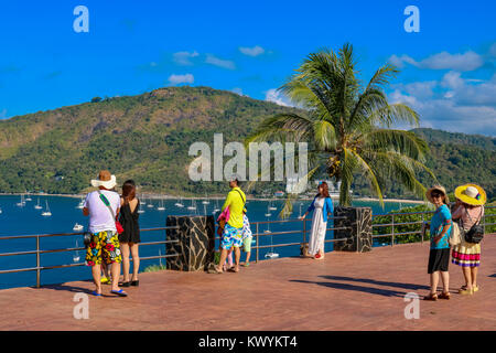 January 6, 2016 Laem Phromthep Phuket Thailand Vistors at the viewpoint at Phromthep Cape Stock Photo