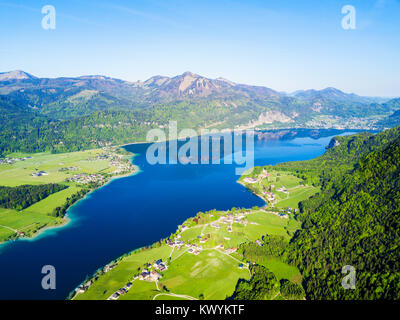 Wolfgangsee lake and St. Wolfgang im Salzkammergut town aerial panoramic view in Austria Stock Photo