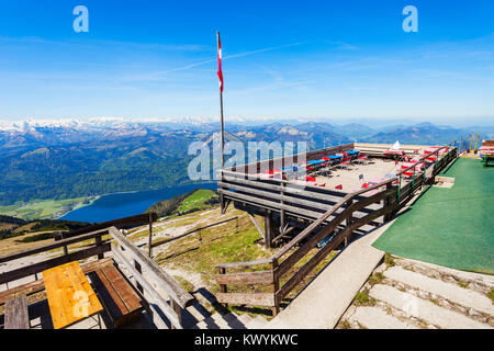 Restaurant at the Schafberg viewpoint, Upper Austria. Schafberg viewpoint located in the Salzkammergut region of Austria near St Wolfgang. Stock Photo