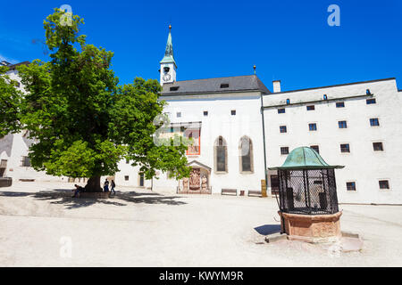 Hohensalzburg Castle inner courtyard towards the Hohe Stock and St. George Chapel in Salzburg city, Austria Stock Photo