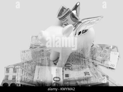 Double exposure of a piggy bank and buildings. Concept background Stock Photo