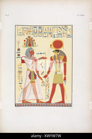 Menphtah II (Merneptah), figlio e successore di Ramses III (Ramesses II), sta dinnanzi a Phrê (Ra)- due figure gigantesche scolpite e dipinte nell'ingresso della tomba di quel re a (NYPL b14291206-425610) Stock Photo