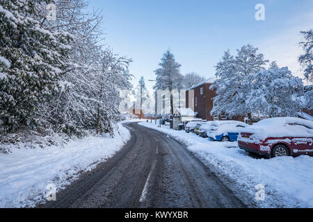 Empty asphalt road across residential area in United Kngdom with cars and trees covered in snow Stock Photo