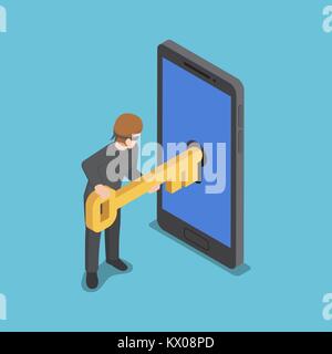Flat 3d isometric thief or hacker use key to hack into smartphone. hacker and cyber security network concept. Stock Vector