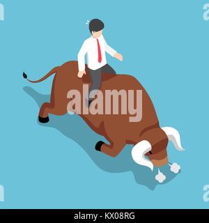 Flat 3d isometric businessman sitting on angry bull back. Bullish stock market and financial concept. Stock Vector