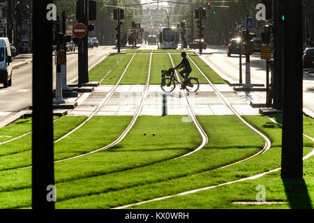 France, Paris (75), 14th arrondissement, tramway, woman on a bicycle crossing tracks. Stock Photo