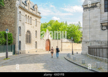 street view of antique buildings of Montmartre in Paris Stock Photo