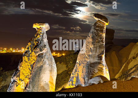 Night scene over the Fairy Chimneys in Cappadocia. Stock Photo