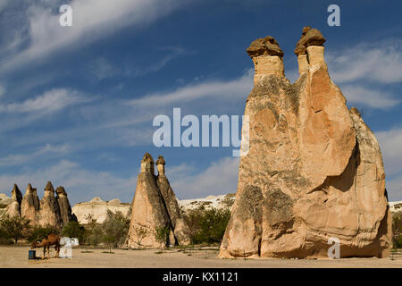 Volcanic rock formations known as Fairy Chimneys in Cappadocia, Turkey. Stock Photo