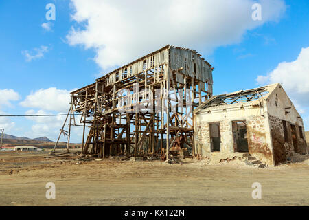 Remains of the salt mining engineering loading bays at Pedra de Lume, on the east coast of Sal Island, Salinas, Cape Verde, Africa. T Stock Photo