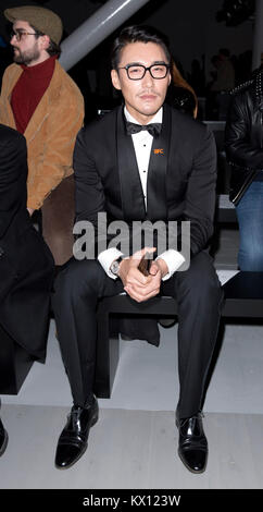 Hu Bing on the front row during the John Lawrence Sullivan Autumn/ Winter 2018 London Fashion Week show at BFC Show Space, London. PRESS ASSOCIATION Photo. Picture date: Saturday 6 January, 2018. See PA story CONSUMER Fashion. Photo credit should read: Isabel Infantes/PA Wire Stock Photo