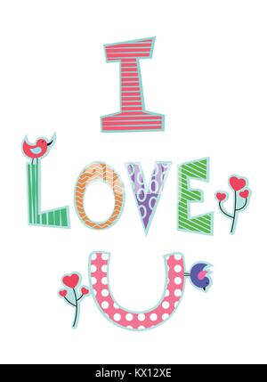 Romantic card for saint valentine day. Text I love u in different color Stock Vector