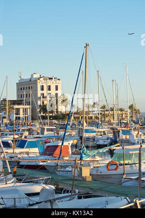 PALMA DE MALLORCA, SPAIN - JANUARY 4, 2018: Portixol marina moored boats in afternoon sunshine on January 4, 2018 in Palma de Mallorca, Spain. Stock Photo