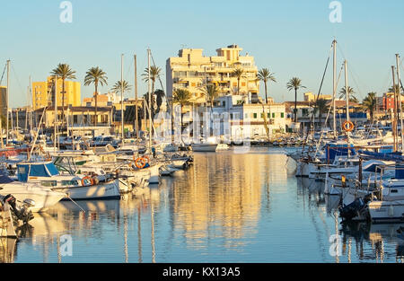 PALMA DE MALLORCA, SPAIN - JANUARY 4, 2018: Portixol marina moored boats in afternoon sunshine on January 4, 2018 in Palma de Mallorca, Spain. Stock Photo