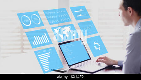 Key Performance Indicators (KPI) on business dashboard, businessman analyzing metrics of financial operations on virtual screen of computer Stock Photo