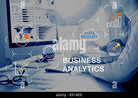 Business Analytics (BA) technology using big data, cloud computing and statistical model prediction to provide insights for financial and marketing st Stock Photo