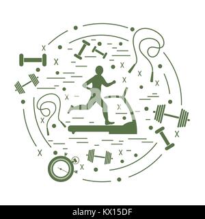 Vector illustration of the man jogging on a treadmill and different kinds of sports equipment arranged in a circle. Including icons of skipping rope,  Stock Vector