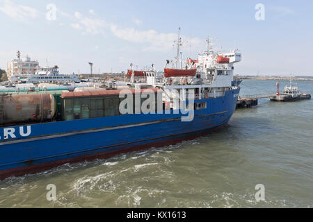 Kosa Chushka, Temryuk district, Krasnodar region, Russia - July 18, 2017: Railway ferry 'Petrovsk' in the loading port of the port of Caucasus Stock Photo