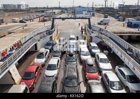 Kosa Chushka, Temryuk district, Krasnodar region, Russia - July 18, 2017: Loading of cars on the ferry 'Elena' in the port of Caucasus Stock Photo