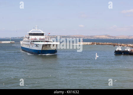 Kosa Chushka, Temryuk district, Krasnodar region, Russia - July 18, 2017: Ferry 'Protoporos 4' in the port harbor of the Caucasus Stock Photo
