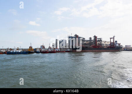 Kosa Chushka, Temryuk district, Krasnodar region, Russia - July 18, 2017: View of the grain terminal of the seaport of the Caucasus and the universal  Stock Photo