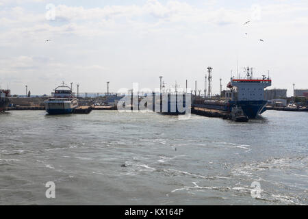 Kosa Chushka, Temryuk district, Krasnodar region, Russia - July 18, 2017: View from the water at a seaport Caucasus Stock Photo