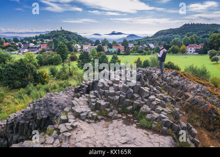 Aerial view from columnar jointed basalt rock formation called Panska Skala (The Lord's Rock) or Pipe Organ in Kamenicky Senov town in Czech Republic Stock Photo