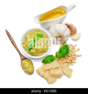 Pesto Sauce ingredients recipe with Basil on White Background Studio shot Stock Photo