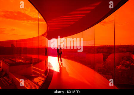 Visitors enjoy Your Rainbow panorama of Aarhus at Aros Art Museum. The museum is the second most visited in Denmark. Stock Photo