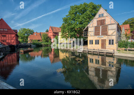 The Old Town in Aarhus is popular among tourists as it displays traditional Danish architecture from 16th century to 19th century. Stock Photo